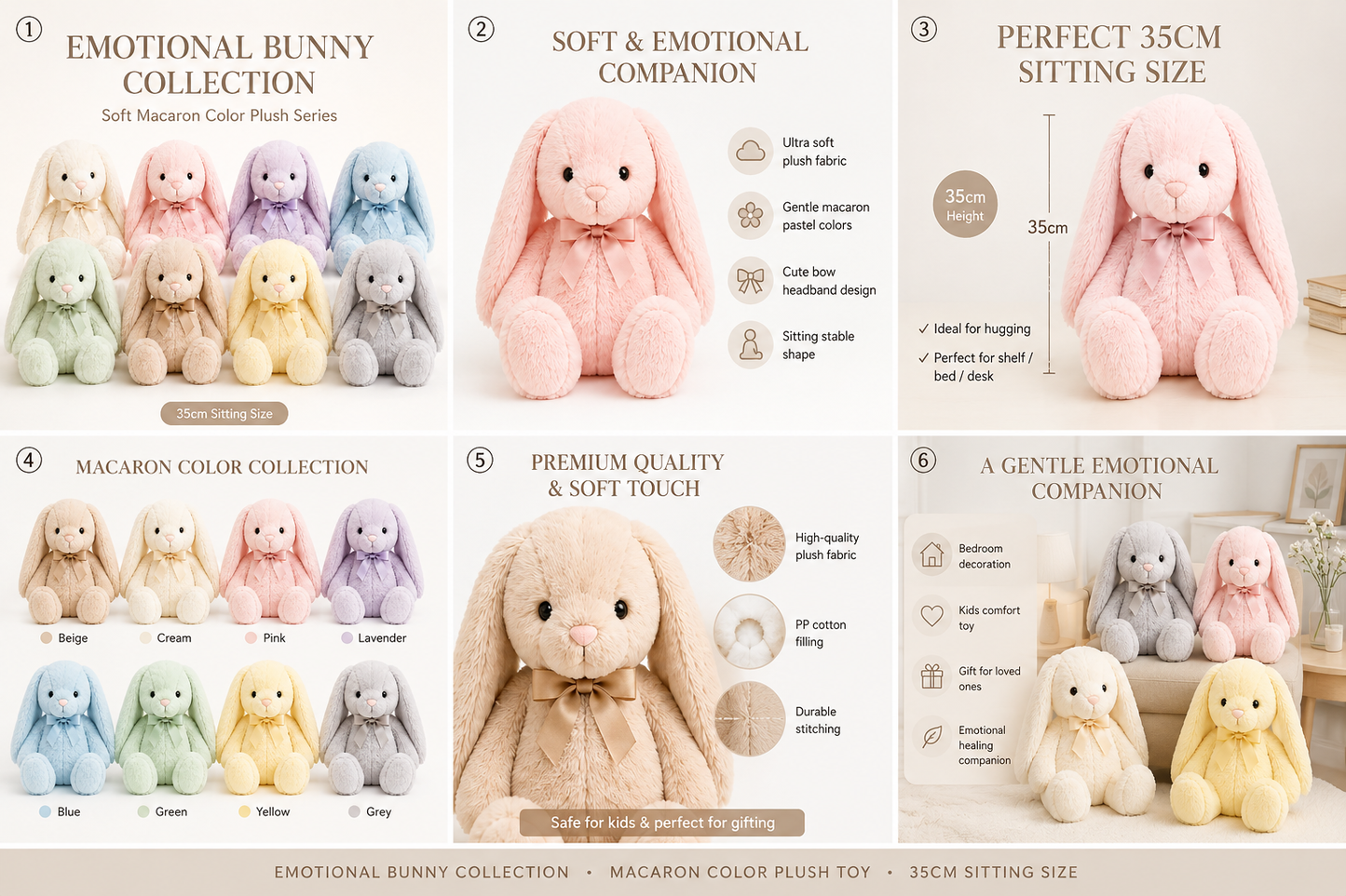 Emotional Bunny Plush Toy – Macaron Color Sitting Rabbit with Bow (30cm) | Cute Soft Stuffed Animal Gift
