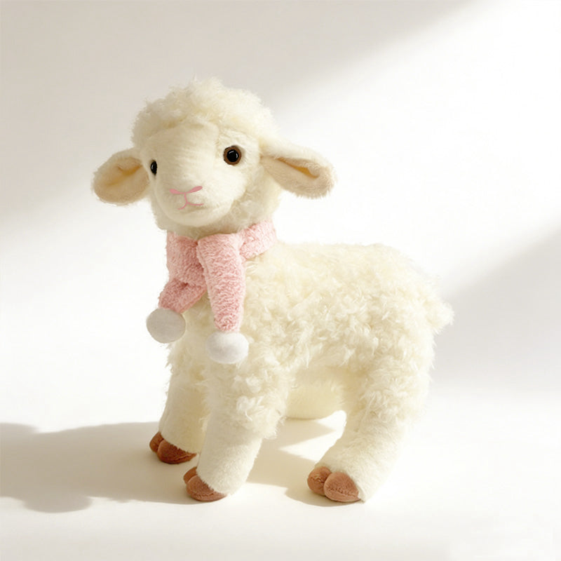 Sheepy & Lamby Standing Sheep Plush Toy – Soft White Lamb with Pink Scarf (26cm / 31cm) | Cute Animal Stuffed Doll Gift