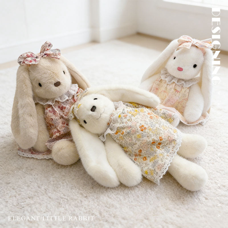 Floral Dress Bunny Plush Set – Beige, White & Cream Cute Stuffed Rabbits with Bowknot | Soft Kawaii Rabbit Doll Gift