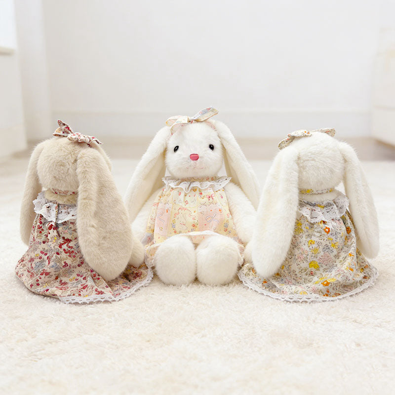 Floral Dress Bunny Plush Set – Beige, White & Cream Cute Stuffed Rabbits with Bowknot | Soft Kawaii Rabbit Doll Gift