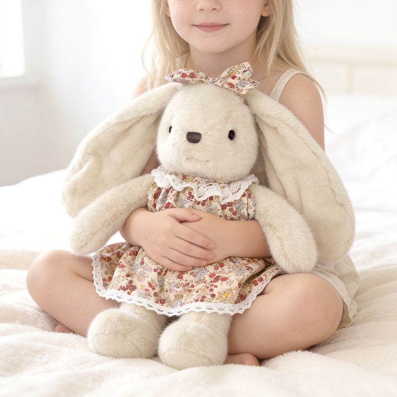 Floral Dress Bunny Plush Set – Beige, White & Cream Cute Stuffed Rabbits with Bowknot | Soft Kawaii Rabbit Doll Gift