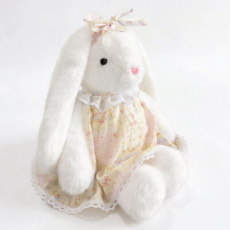 Floral Dress Bunny Plush Set – Beige, White & Cream Cute Stuffed Rabbits with Bowknot | Soft Kawaii Rabbit Doll Gift