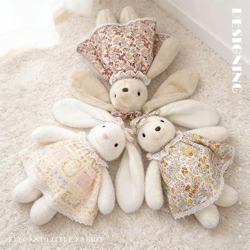Floral Dress Bunny Plush Set – Beige, White & Cream Cute Stuffed Rabbits with Bowknot | Soft Kawaii Rabbit Doll Gift