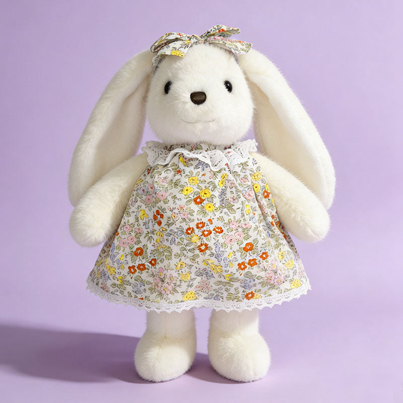 Floral Dress Bunny Plush Set – Beige, White & Cream Cute Stuffed Rabbits with Bowknot | Soft Kawaii Rabbit Doll Gift